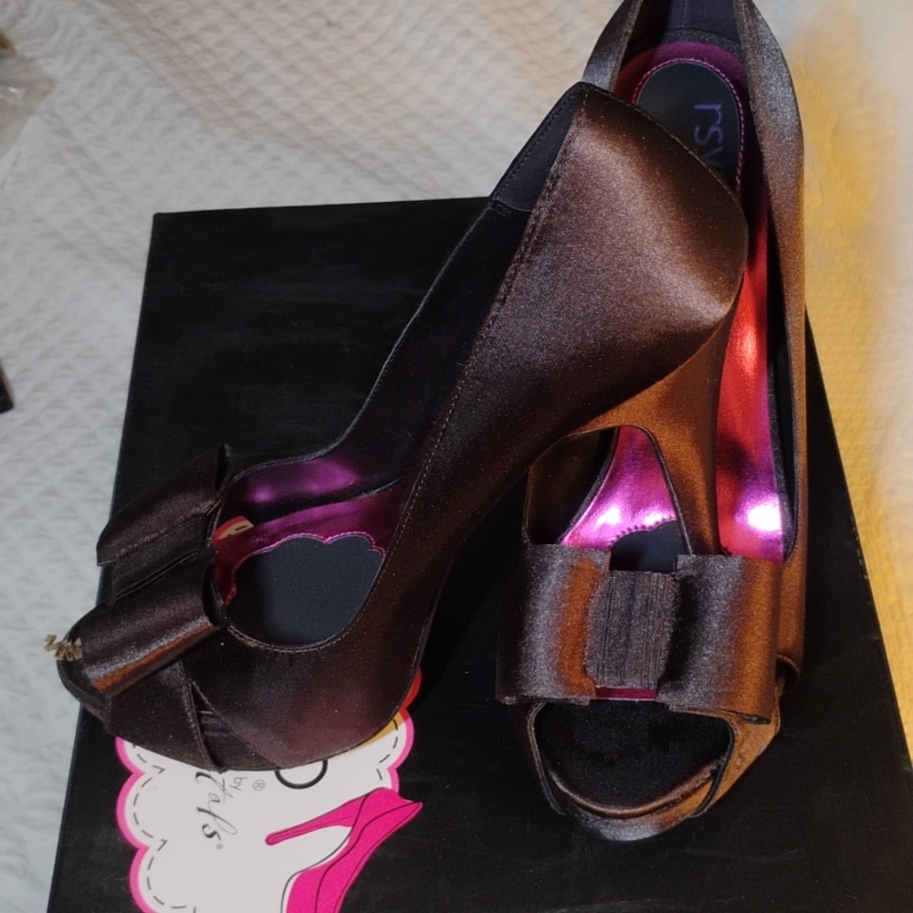 RSVP Brown Satin Peep-Toe Heels with Bow and Metallic Pink Insole